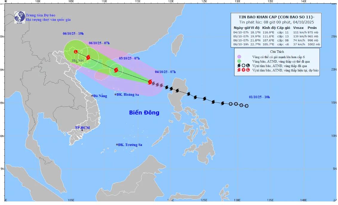 Bản đồ dự báo quỹ đạo và cường độ bão phát lúc 8h ngày 4/10/2025. (Ảnh: KTTV)