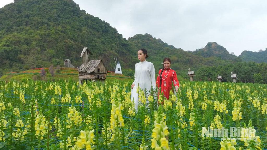 Du khách tham quan, chụp ảnh tại Đảo hoa-Khu du lịch sinh thái Thung Nham.