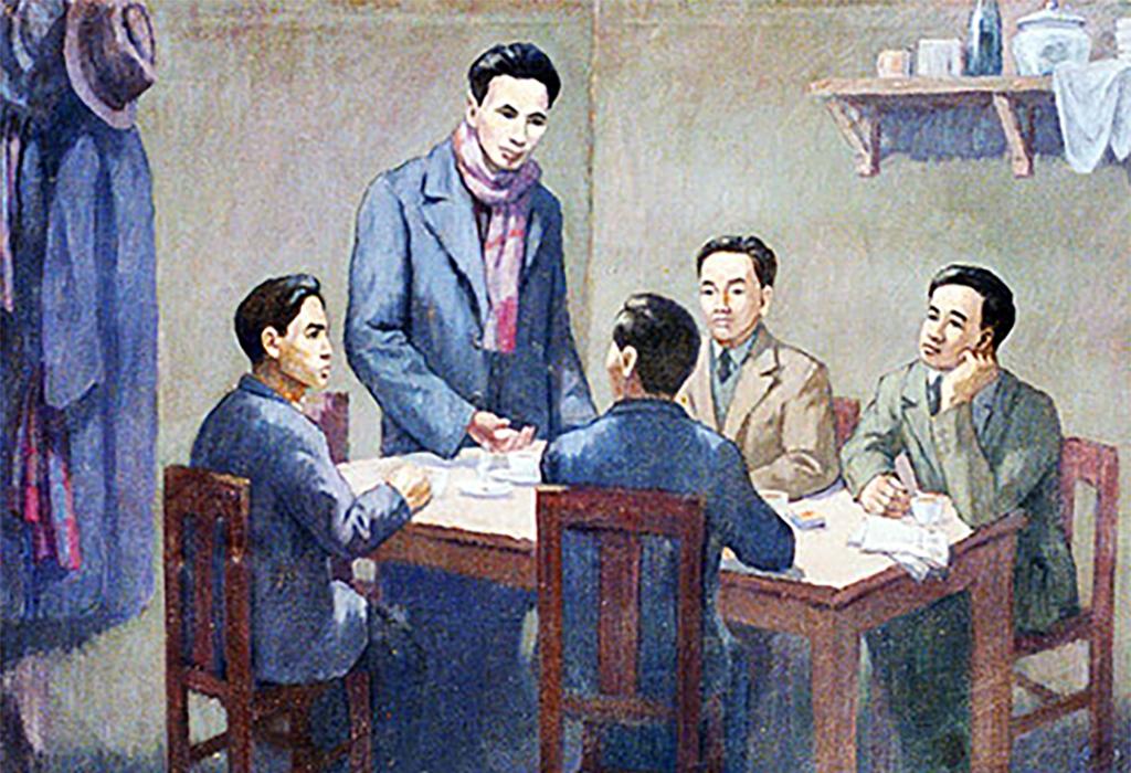 Hội nghị thành lập Đảng Cộng sản Việt Nam ngày 3/2/1930. Ảnh chụp lại tranh của họa sĩ Phi Hoanh (Ảnh: Bảo tàng Lịch sử Quốc gia)